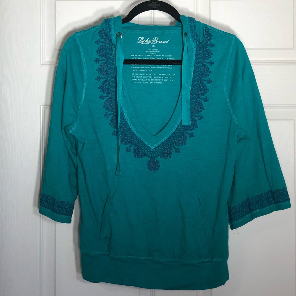 Lucky Brand Embroidered Deep V Neck Hoodie